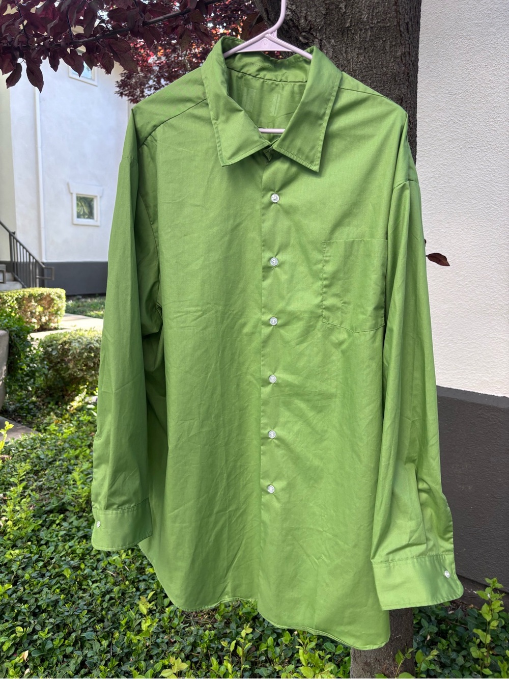 VTG 70s Men 2XL Big Lime Green Dress Shirt 20.5 33 Polyester Cotton Disco Plain